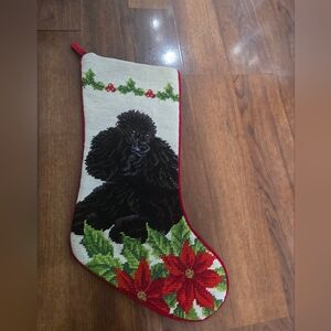 Handmade Vtg Black Poodle Wool Christmas Stocking Needlepoint Red Velvet Holiday